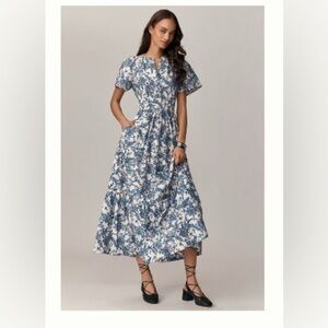 Anthropologie Somerset Maxi Dress 1x Ivory and Blue